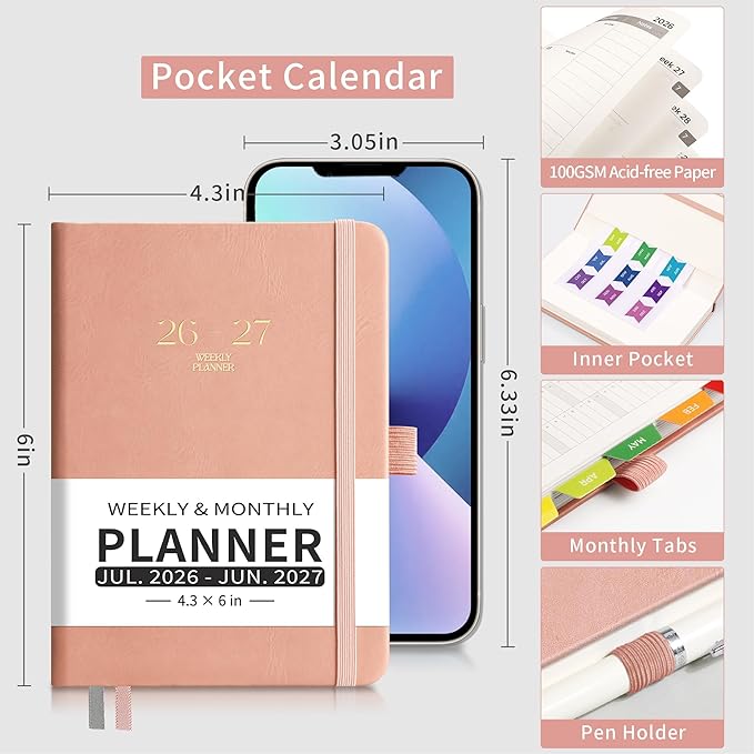 EMSHOI Pocket Calendar 2026-2027, Small Mini Academic Planner Weekly and Monthly, July 2026-June 2027, School Student Teacher Agenda, Leather Hardcover, 100GSM Paper, Tabs, A6 4.3"x6", Pink
