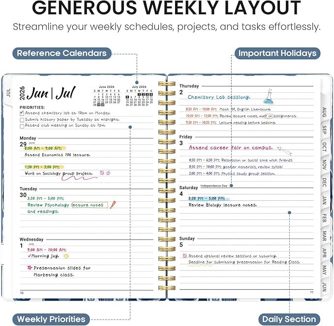 Planner 2026-2027, Academic Year Monthly and Weekly Calendar Planner, Jul 2026 - Jun 2027, Hardcover Teacher Student Planning Agenda book with Tabs, Perfect for School Office Supplies, 6.3" x 8.5" - Blue Art