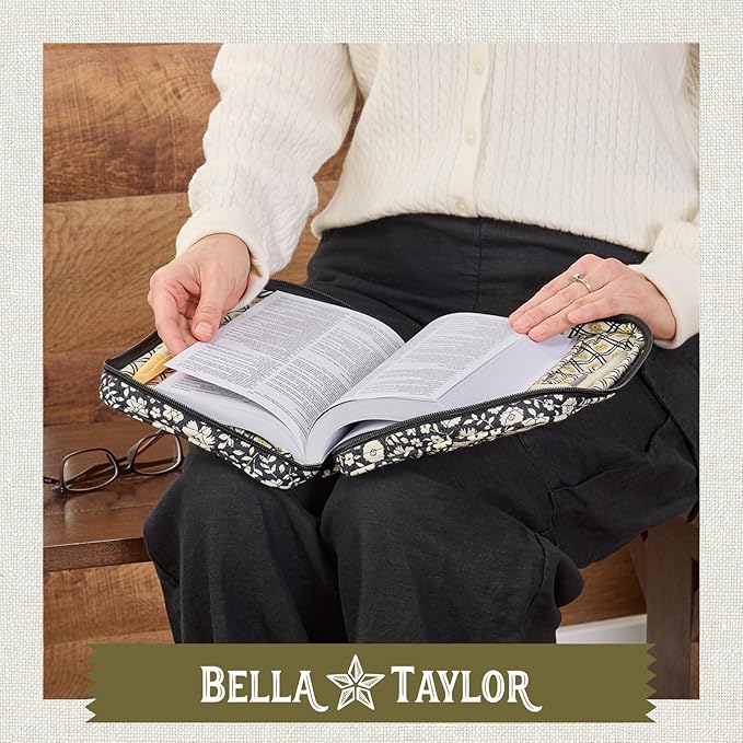 Bella Taylor Small Bible Cover for Women - Quilted Cotton Bible Case for 6 x 9 inch Books - Bicolor Floral Black