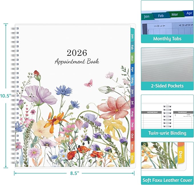 2026 Appointment Book - January - December 2026, Appointment Planner with Weekly ＆ Monthly Spread, 8.5'' x 10.5'', Large, 15 Minute Increments, 2026 Daily Planner with Pockets, Tabs, Flexible Cover
