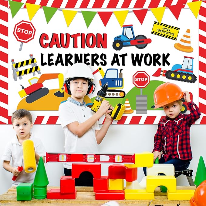 QOUBAI Construction Bulletin Board Set Traffic Themed Classroom Welcome Bulletin Board Decorations Workers Paper Cutouts Classroom Decorations for Back to School Office Home Chalkboard Decor Wall Door
