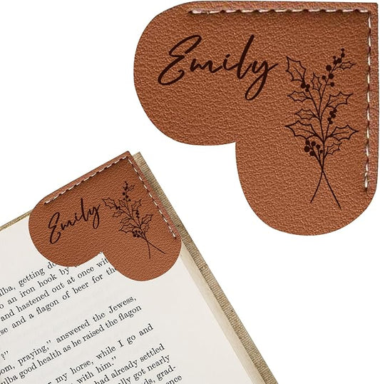 EDSG Personalized Leather Heart Bookmark, Cute Corner Bookmarks for Women, Men, Custom Birth Flower Book Marks with Name, Birthday Christmas Gifts for Book Lovers, Teachers, Students (Brown-Heart)