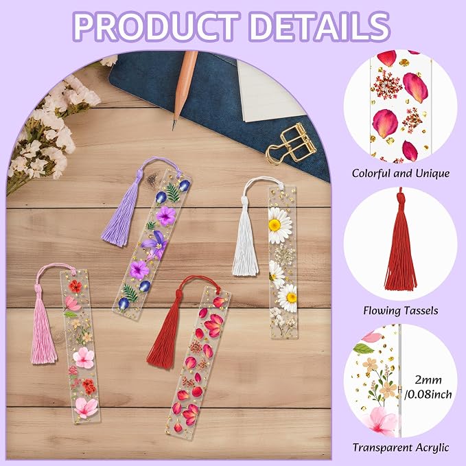4 Pieces Acrylic Dried Flower Bookmark, Transparent Pressed Flower Bookmarks Dried Floral Book Markers Handmade Floral Page Marker with Tassel Cute Bookmark for Reading Lover Students Teachers