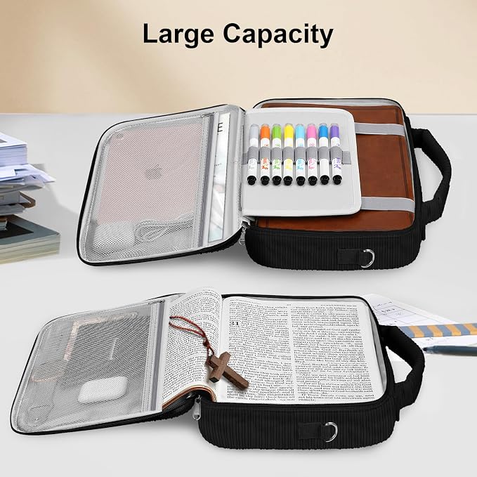 FINPAC Large Bible Cover w/Shoulder Strap, Carrying Book Case Church Bag Bible Protective w/Pen Slots and Zippered Pocket, Gift for Women Lady, Corduroy Black