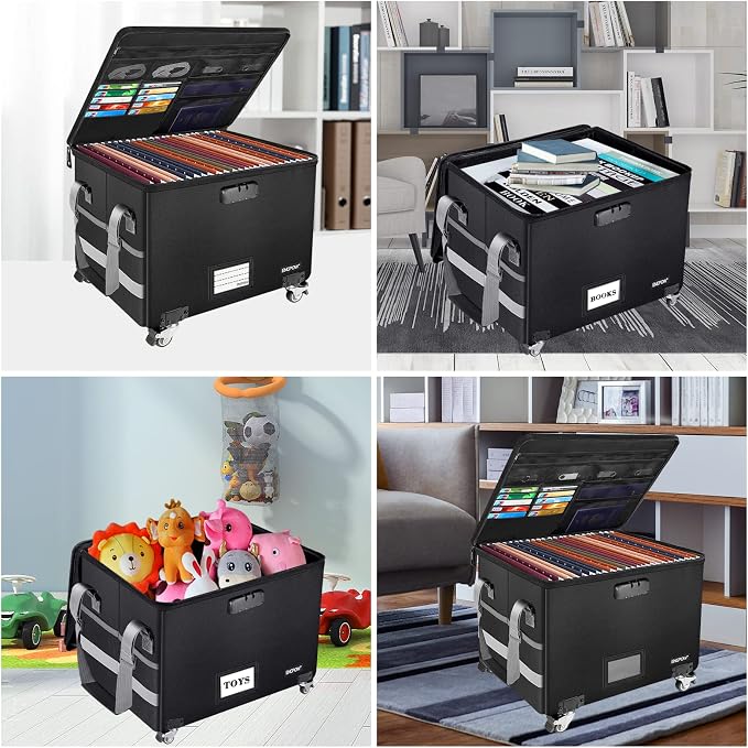ENGPOW Fireproof Document Box with Wheels, Collapsible File Box with Lock, Rolling File Storage Organizer Filing Cabinet with Pockets, Portable Home Office Safe for Hanging Letter/Legal Folder