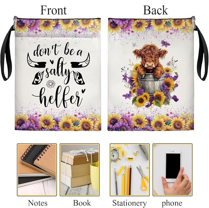 Vintage Floral Highland Cow Book Cover, Waterproof Book Sleeve with Zippered Front Pocket Retro Flowers Book Pouch for Book Lovers, Christmas, Birthday, Graduation Gifts (Brown highland cattle, Large)
