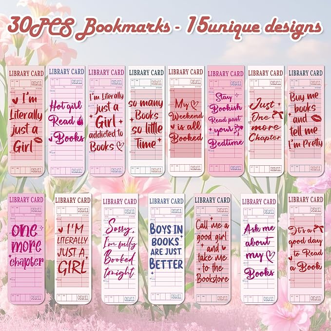 Library Card Magnetic Bookmarks Gifts - Wxiben 30 Pcs Fully Vintage Paper Bookmark Pink Retro Quotes Book Page Magnet Markers Clips for Women Book Lovers Reading Office Bookish Party Favors