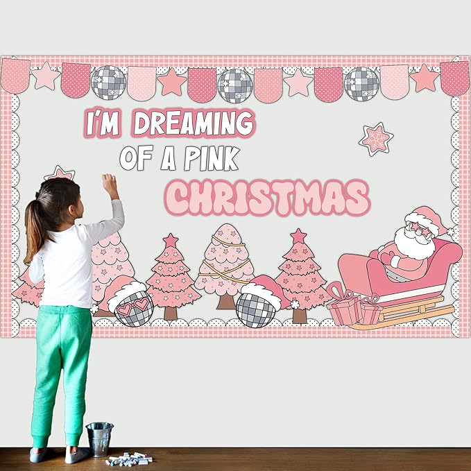 ojustbeok Pink Christmas Bulletin Board Set Xmas Santa Bulletin Board Decoration Christmas Tree Snowman Paper Cutouts for School Classroom Home Chalkboard Wall Xmas Winter Holiday Party Supplies