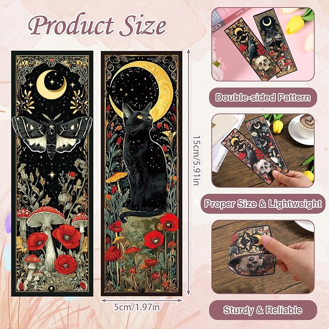 Wxiben Fantasy Bookmarks Gifts for Women - 100 Pcs Mystical Black Cat Moon Bookmark Dark Academia Book Mark Mushrooms Witchy Skull Flower Page Marker Clip for for Book Lovers Bookworms Bookish