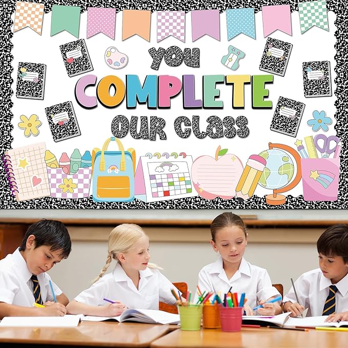 QOUBAI Composition Bulletin Board Set Welcome Classroom Bulletin Board Decoration Colorful Notebook Pencil Paper Cutouts Classroom Decorations for Back to School Office Home Chalkboard Decor Wall Door