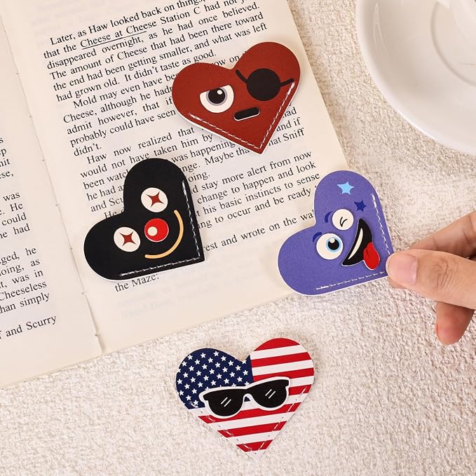 VYRANA 4Pcs Leather Heart Bookmarks - Cute Corner Book Marks Sets for Reading, Cool Funny Read Lover Gifts for Women Men Girls Kids Reader, Stylish Book Markers for Reading, Ideal Gifts for Planner