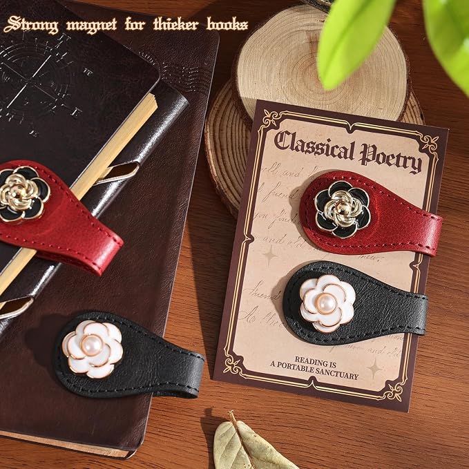 2PCS Magnetic Bookmarks with Pen Clip, Leather Bookmarks for Women, Magnetic Pen Holder Book Accessories, Gold Camellia