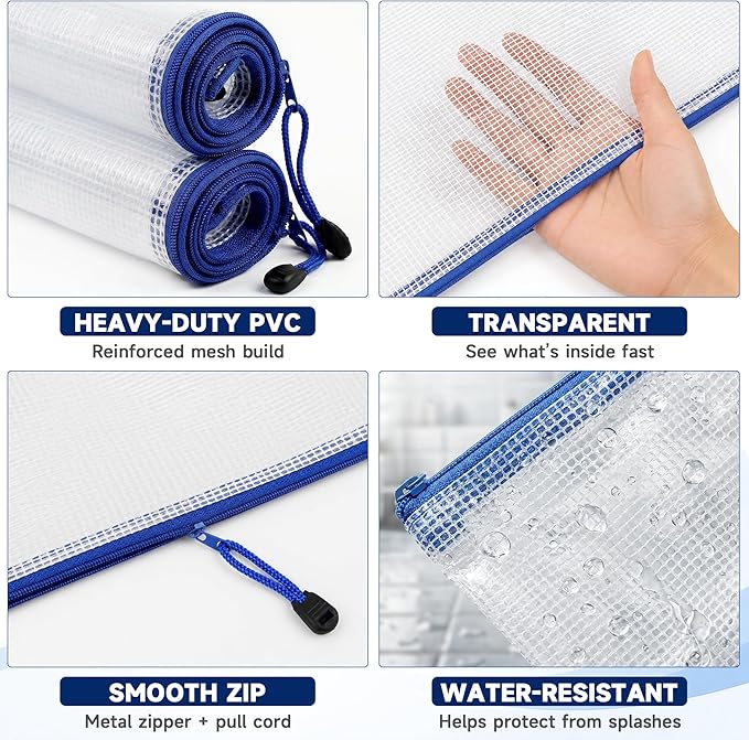 TONOS Mesh Zipper Pouch Bags, 2 Pack 13x9 Inch Clear PVC Plastic Zipper Pouches, Water Resistant Supply Organizers for School, Office, Classroom Organization, Travel, Crafts and Puzzles
