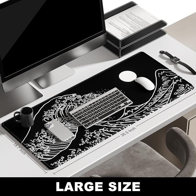 BOSOBO Large Mouse Pad, XXL XL Extended Gaming Desk Mat for Office & Home, Long Keyboard Mat, Desktop Full Cover 35.5 x 15.7 Inches, Art Japan Kanagawa Wave Black