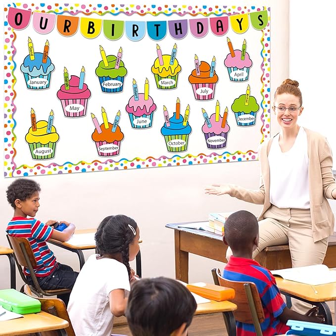 Justforjoyful Birthday Bulletin Board Classroom Decorations Colorful Cupcake Cutouts Colorful Candle Name Tags Decoration for Wall Chalkboard Preschool Classroom Decor Teacher Back to School Supplies