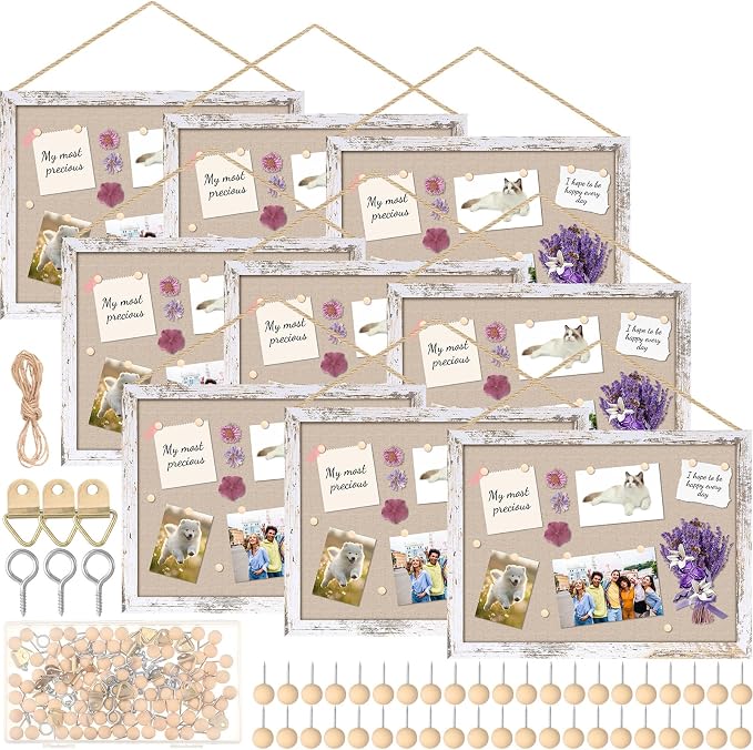 Teling 9 Pack Wood Bulletin Boards with Linen 12''x 16'' Cork Board for Walls with 90 Pushpin Decorative Wood Framed Display for School Office Home Decor (Netural White)