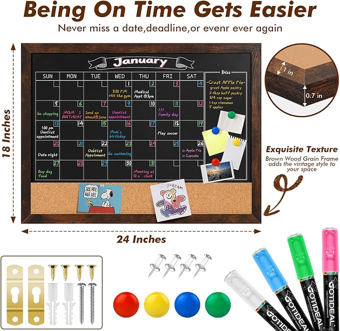 Gotideal Chalkboard Calendar 24" x 18" Chalk Board Calendar for Wall Magnetic Chalkboard Framed,Wall Mounted,Blackboard for Office,Kitchen,School,Home