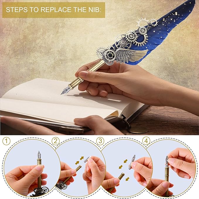 NC Feather Pen Ink Set, Quill Pen Includes 5 Bottles of Ink and 6 Replaceable Nibs, Mechanical Quill Pen for Writing, Letters, Diary, Signing, Invitations (Navy Blue)