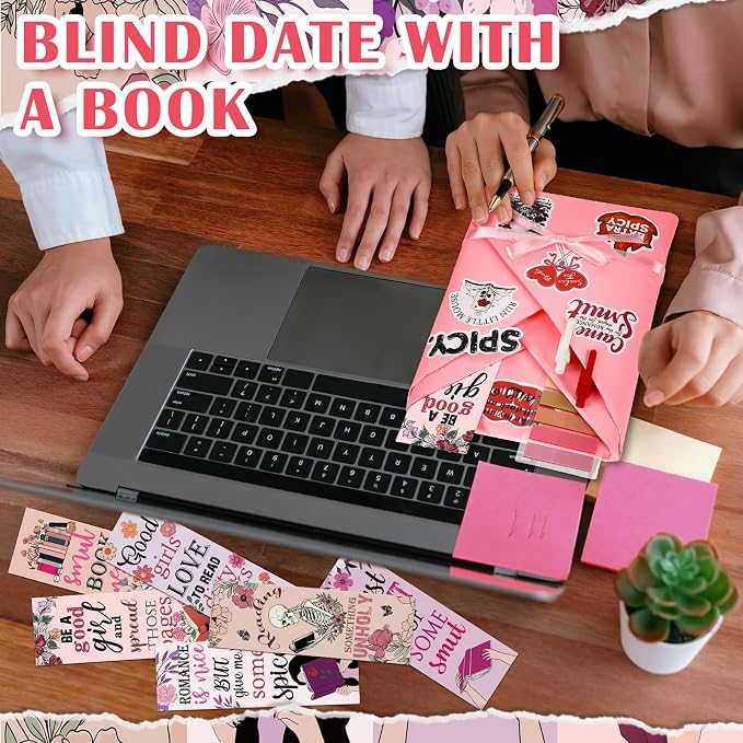Honoson 6 Set Spicy Blind Date with a Book Gift Box Supplies Including Smutty Bookmarks Stickers Pens Ribbon Wrapping Papers Bookish Librarian Readers Book Lovers Club Gifts(Without Books)