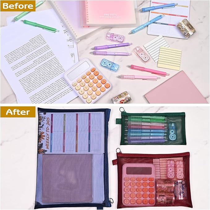 8Pcs Mesh Zipper Pouch Bags, Large Nylon Mesh Pouches for Organization, 3 Sizes Clear Travel Document File Storage Bag for School Office Home Supplies (Red, A4 & A5 & A6)