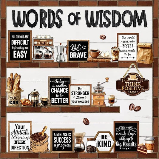 Mooliwe 57 Pcs Coffee Bulletin Board Set Industrial Coffee Shop Inspirational Classroom Decoration Cutout for School Office Chalkboard Door Wall Decor