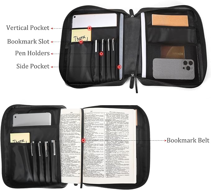 Polare Napa Leather Bible Cover Church Bag 10x7.5x2.2 inch Carrying Book Case Bible Protective with Handle and YKK Zippered Pocket (Black)