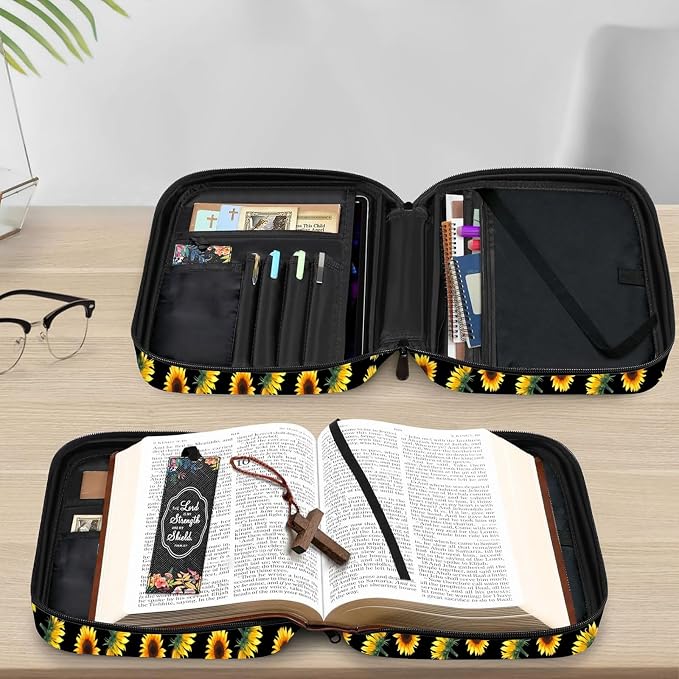 Sunflower Flower Floral Black Bible Cover Case Carrying Book Protector Case Bible Study Supplies Accessories Holder Case Christian Gift for Women Men