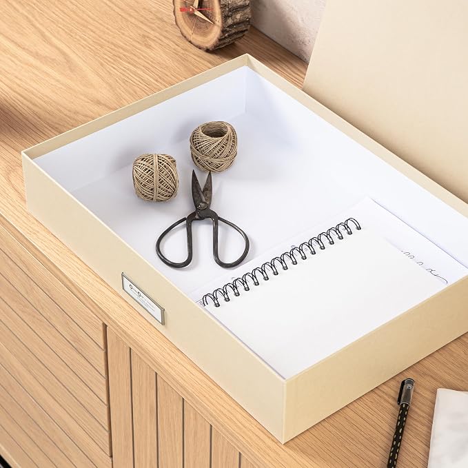 Bigso Sverker Fiberboard Legal/Art Storage Box - Scrapbook Storage Box for Papers, Photos, and More - Durable Keepsake Boxes with Lid and Metal Label Holder - 3.3in x 17.1in x 12.2in - Fawn