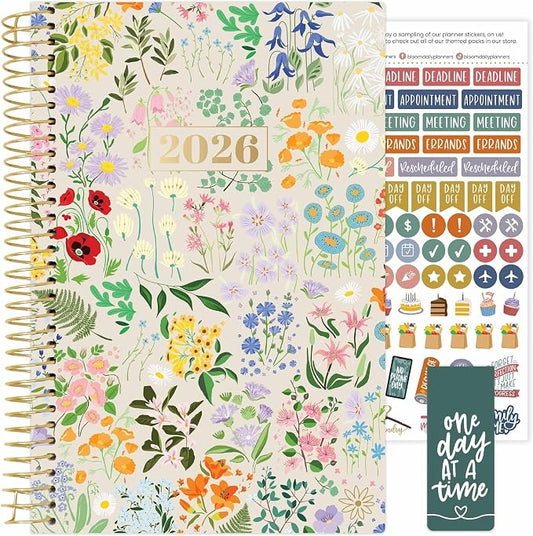 bloom daily planners 2026 Planner (January - December) Calendar Year Organizer - 5.5” x 8.25” - Weekly & Monthly Agenda Book with Stickers & Bookmark - Garden Party, Beige