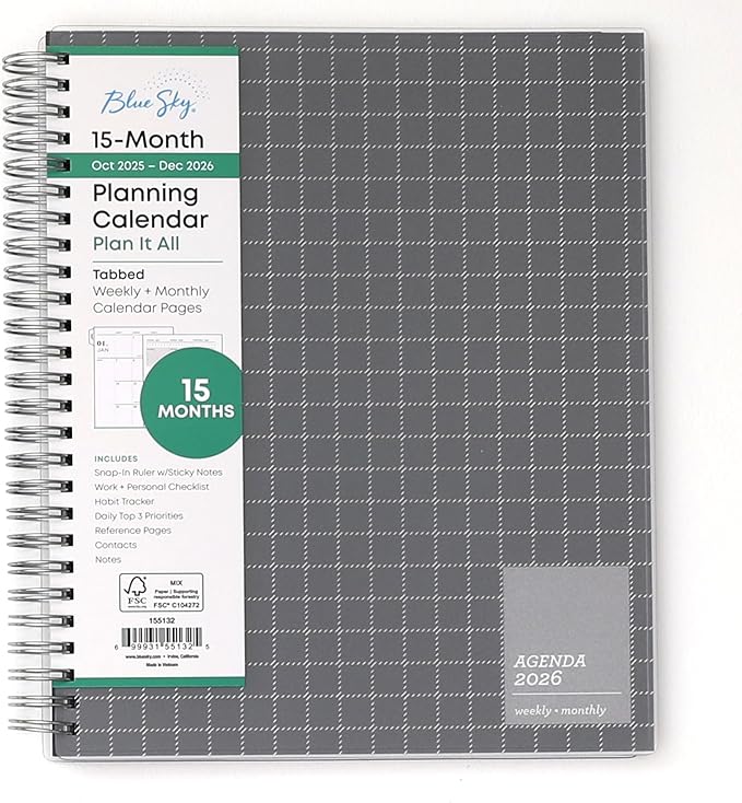 Blue Sky 15 Month 2026 Weekly and Monthly Planner Calendar, October 2025 - December 2026, 7" x 9", Flexible Cover, Durable Twin Wire Binding, Laminated Tabs, Includes Ruler & Sticky Notes, Aiden Dark