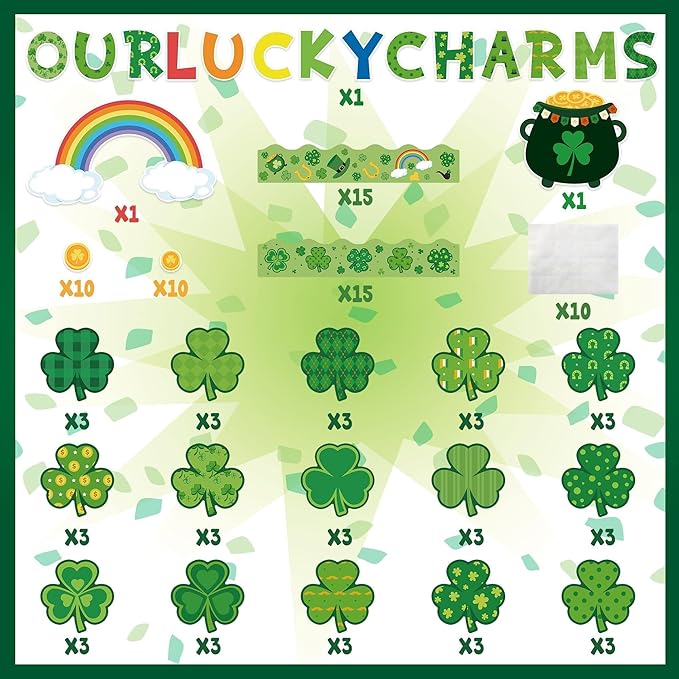 Clover Bulletin Board Cutouts- 121P Our Lucky Charms Shamrock First Day of School Bulletin Board for Classroom Party Home School Wall Decor, Back to School Gold Rainbow Stockpot Cutouts
