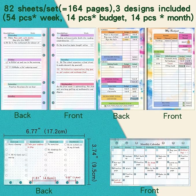 Monthly Weekly Planner Refills Budget Paper Kit for A6 Binder Cover, 6 Ring Planner Accessory for Budget Planner Binder Cover, Money Binder Organizer for Cash (Colorful)