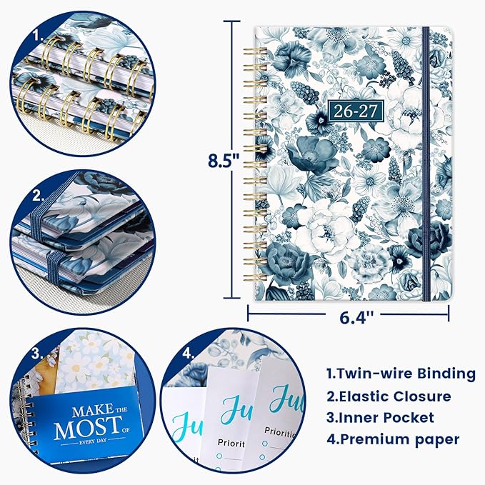 2026-2027 Planner - 6.4'' x 8.5'' Jul. 2026 - Jun. 2027, 2026-2027 Weekly & Monhtly Academic Planner Spiral Bound,with Sturdy Cover, Monthly Tab, Inner Pocket, Elastic Closure