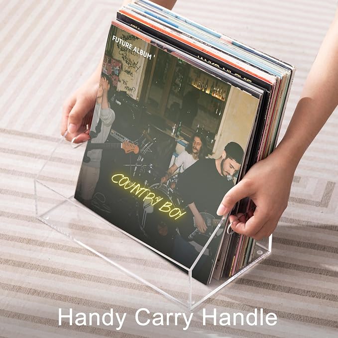 eletecpro No Assembly Acrylic Vinyl Record Storage Bin with Portable Handle, Fits 7/10/12 Inch and Holds Up to 40 LPs, Desktop Album Display Holder & Modern Multipurpose Organizer, Clear