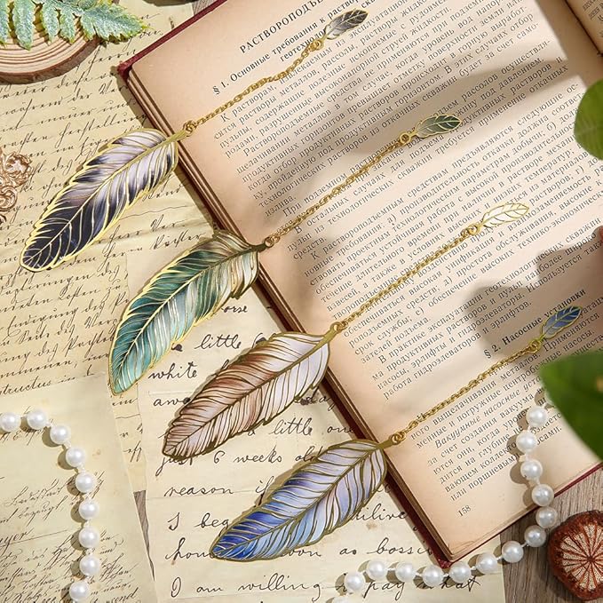 icceemee 4pcs Metal Feather Bookmarks with Bookmarks for Women, Writers, Readers Durable Book Markers Book Accessories Unique Gifts for Men, Women