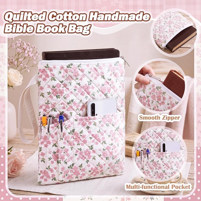 Gilprop Pink Floral Bible Book Sleeve with Zipper 11" x 9" Padded Protector Washable Quilted Book Covers Printed Bible Pouch with Handle Pockets Protector for Books Lover Christian Gifts
