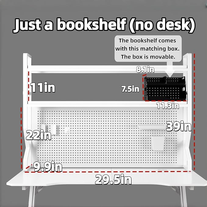 Desktop Hutch Bookshelf,Many Gifts,Metal Desktop Bookcase with pegboard, Desk Shelf White, Countertop Storage Organizer Rack for Dorm or Office,Desktop Shelves(White, 29.5" Lx9.9 Wx39 H)