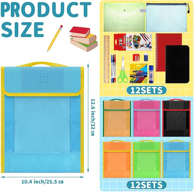 Qilery 12 Sets School Supplies Kit Back to School Essentials Bulk Includes Book Pouch Bags Notebooks Pencils Rulers Scissors Eraser and More for Students Teachers School Classroom Charity