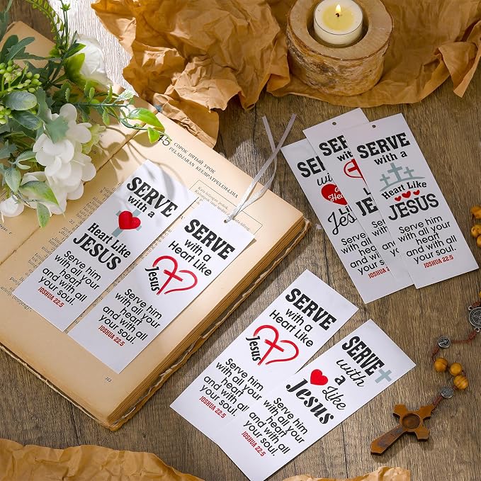 Dispowreath 60 Pcs Serving with a Heart Like Jesus Bookmarks Religious Joshua 22: 5 Bookmarks Church Exchange Gifts for Men & Women Sunday School Vbs Church Prizes Party Favors