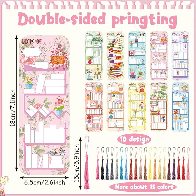 100 Pcs Book Tracker Bookmarks with 100 Tassels Bookshelf Design Reading Page Markers Double Sided Bookmarks Gifts for Book Lovers Book Club Gifts