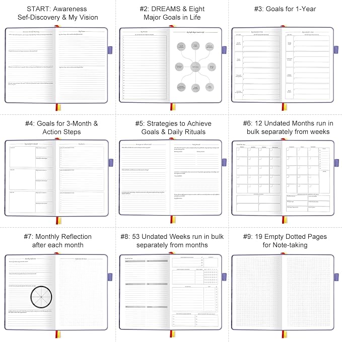 Undated Luxurious Weekly & Monthly Planner to Increase Productivity Hit Your Goals, Organizer Notebook Gratitude Journal Time Management Start Anytime, A5, Lasts 1 Year