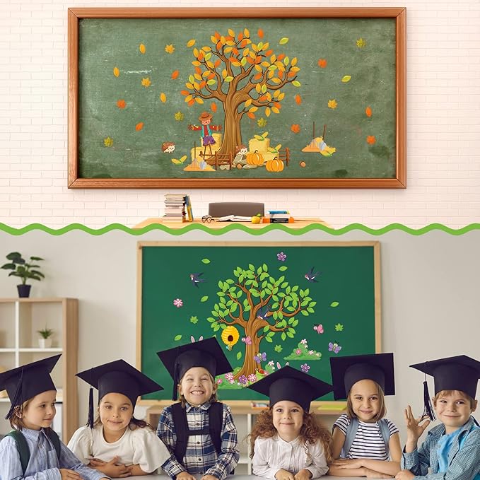 Teling 239 Pcs Season Tree Classroom Bulletin Board Decor Spring Summer Autumn Winter Cutouts Border Set Four Seasons Bulletin Board Decorations with 200 Dots for Elementary School Home Chalkboard