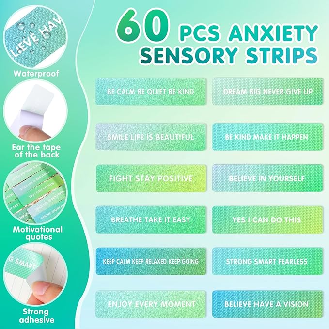 Sabary 60 Pcs Mental Health Awareness Anxiety Sensory Stickers Bulk Sensory Strips Anxiety Calm Textured Strip Stickers with Inspirational Quotes Different Styles for Adults Relief (Gradient,Green)