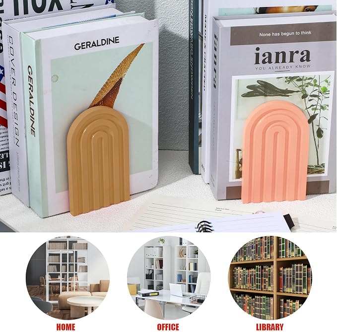 Harloon 4 Pcs Boho Arch Wooden Bookends, Decorative Rainbow Book Stoppers with Non-Slip Metal Base, 5x3x4 Inches, Cute Shelf Decor for Heavy Books, Home Office Study Desk Organizer(Cute Color)