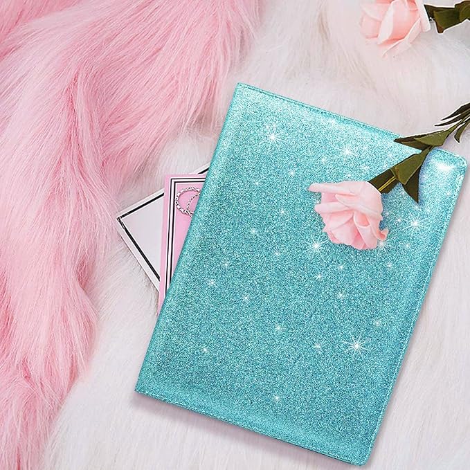 WAVEYU Glitter Portfolio Case for Women, Padfolio Cover for Women, Conference/Resume/Legal Document Organizer with Letter/A4 Size Clipboard Hardboard, Business Card Holders, Blue+Green