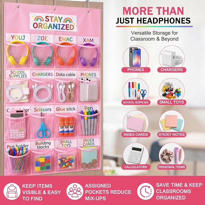 AmazingSpark 16 Pockets Classroom Headphone Storage Thickened Non-woven Fabric Mesh Pocket Chart Over The Door Hanging Cell Phone Organizer with Signed Card for Back to School Classroom Library, Pink