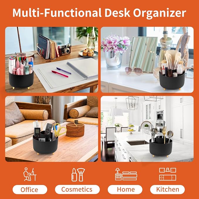 Desk Pencil Pen Holder, 5 Slots 360°Degree Rotating Pen Organizers for Desk, Desktop Storage Stationery Supplies Organizer, Cute Pencil Cup Pot for Office, School, Home, Art Supply, Black