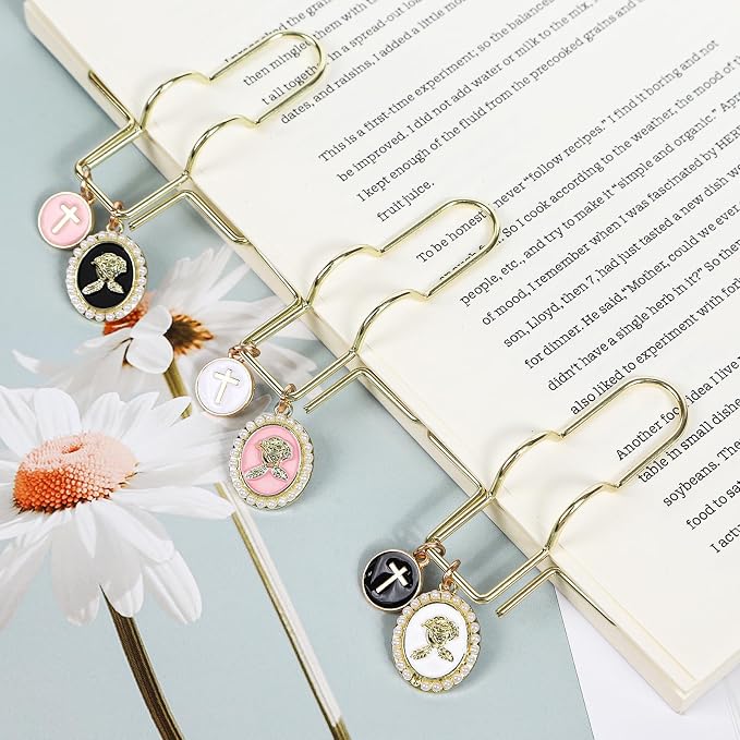 Wxiben Cross Paper Clip Bookmark - 3 Pcs Rose Metal Paperclip Pen Holder Book Mark with Charms Page Marker Planner Decorative Paper Clips Gifts for Women Reading Book Lover School Accessories