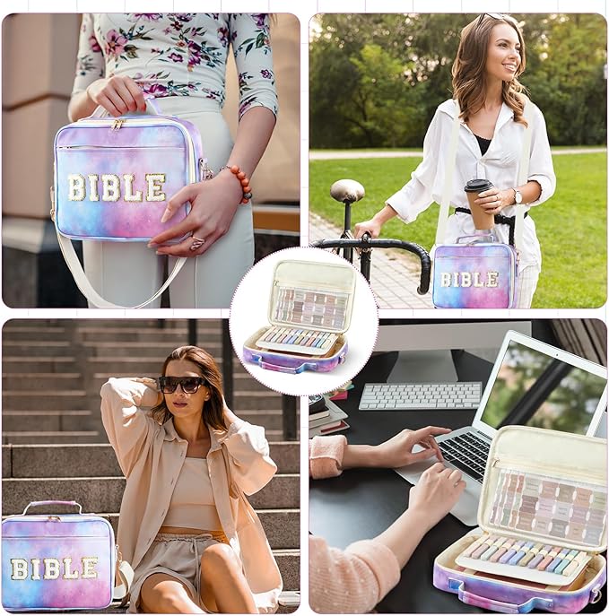 Large Bible Cover Case for Women, Bible Study Supplies Journaling Kit Chenille Letter PU Leather with Tabs Gel Pen Highlighters with Strap Easter Mothers Day Christian Gifts for Women Mom(Starry)
