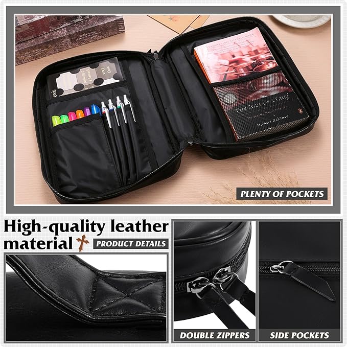 Leather Bible Cover for Men Large Bible Carrying Case with Handle Pockets Bible Book Cover with Highlighters Tabs For Church Prayer Meetings Study Supplies Accessories